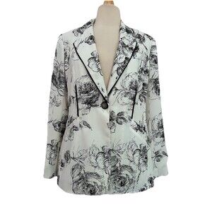 Harvé Benard Womens Blazer Jacket Coat Size 8/M White Black Floral Drawings Art